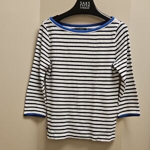 LAUREN Ralph Lauren Navy and White Striped 3/4 Sleeve Top